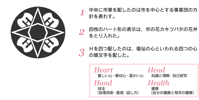 団章：1.中央に市章を配したのは市を中心とする事業団の方針を表わす。、2.四枚のハート形の表示は，市の花カキツバタの花弁をとり入れた。、3.Ｈを四つ配したのは，福祉の心といわれる四つの心の頭文字を配した。